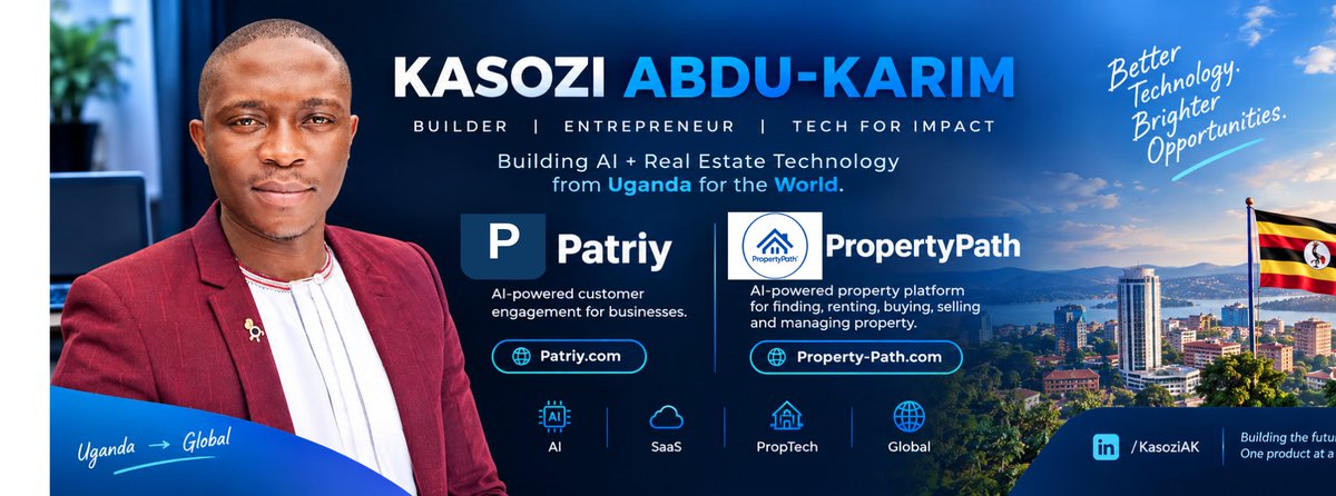 KasoziAK's tweet photo. Hi, I am Kasozi Abdu Karim. I am an Entreprenuer Building two products, with more in the pipeline. 

1. Patriy @HelloPatriy: An AI customer OS. WhatsApp, sales, support, payments. 24/7.

2. PropertyPath @ympropertypath: One system to find, rent, buy, sell, invest, manage property.

Different industries. One job: make business and life simpler.

I post the builds, the misses, and the asks.

Need a customer inbox that sells? Try → https://t.co/8KQn3cC1rO
Need a property OS that works → https://t.co/7YdwtLTcQ0

Follow the journey. Use the products.

Better Technology. Brighter Opportunities.
