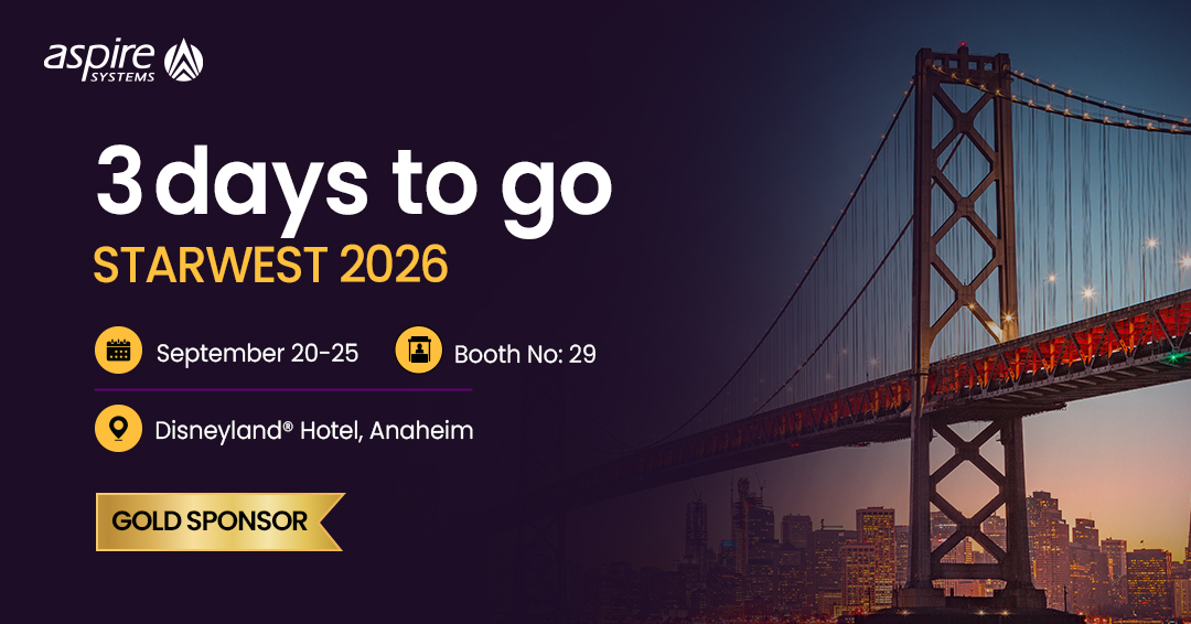 AspireSystems's tweet photo. Meet Aspire Systems at #STARWEST2026, Booth #29, Sept 20–25 at Disneyland® Hotel. Discover how QE Studio powers testing: https://t.co/HCog9QvXMF https://t.co/vmu3bF0U9x