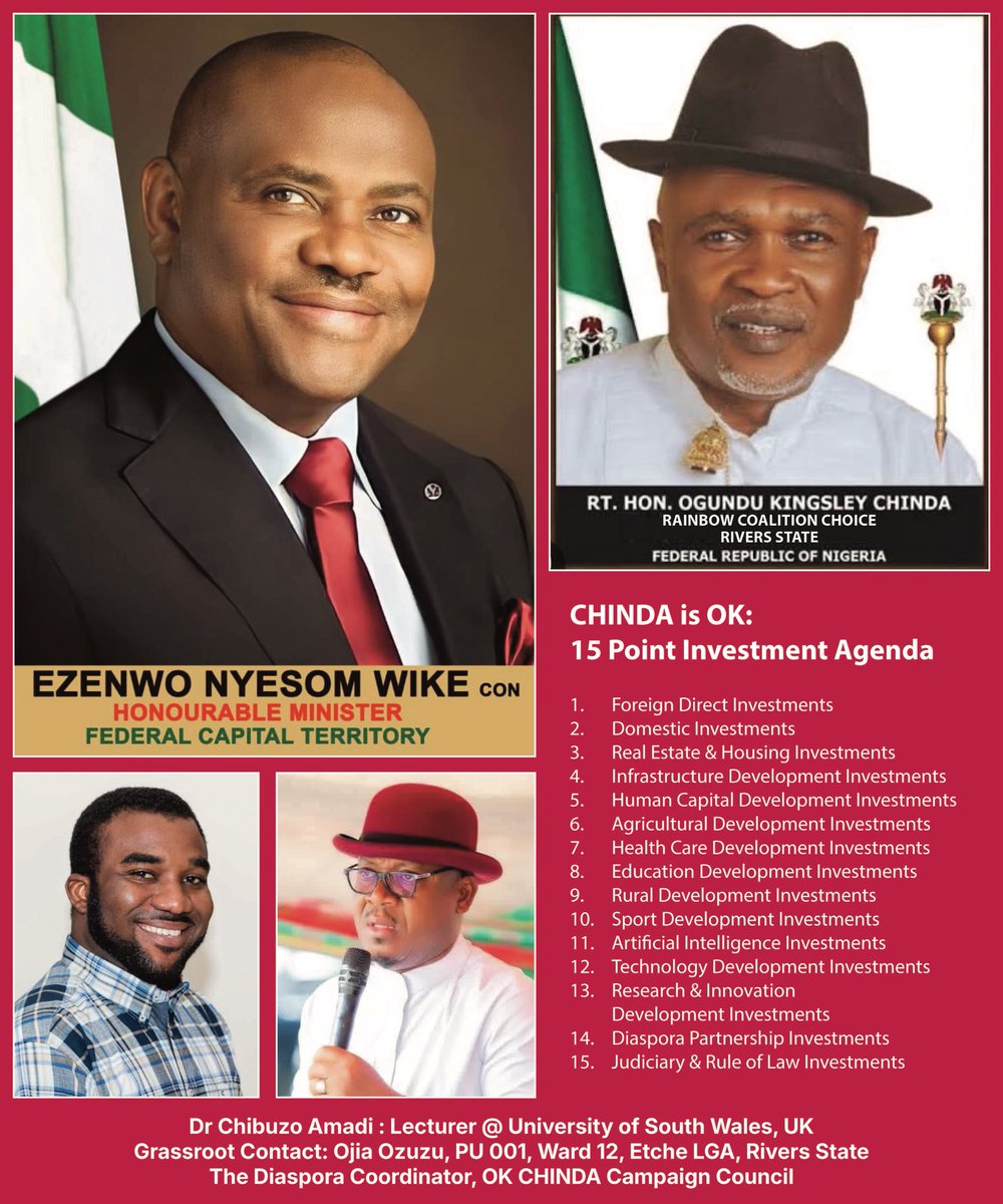 ChibossAmadi's tweet photo. A BETTER AND PROSPEROUS RIVERS STATE IS POSSIBLE WITH @OKChinda 

With @OKChinda & Hon. Major Jack, the vision is clear: a better Rivers State where everyone has the opportunity to thrive.

A State where our economy grows, our youths are empowered, our communities are safe, our environment is protected & development reaches every corner.

A vision built on inclusive leadership, shared progress, & a commitment to a prosperous future for all Rivers people.

#OkMajor #OKISOK #IWinYouWin #riversstate