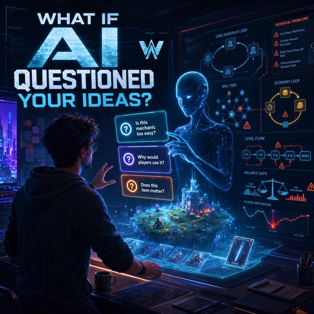 AIWORLDSGAMES's tweet photo. 🤔 What if AI could challenge your game design?

“Is this mechanic too easy?”

“Does this item actually matter?”

“Why would players use this system?”

A creative partner shouldn’t just follow instructions.

It should help you question them.

👉 https://t.co/2eHVhLCfQa https://t.co/lsl09Sisjm