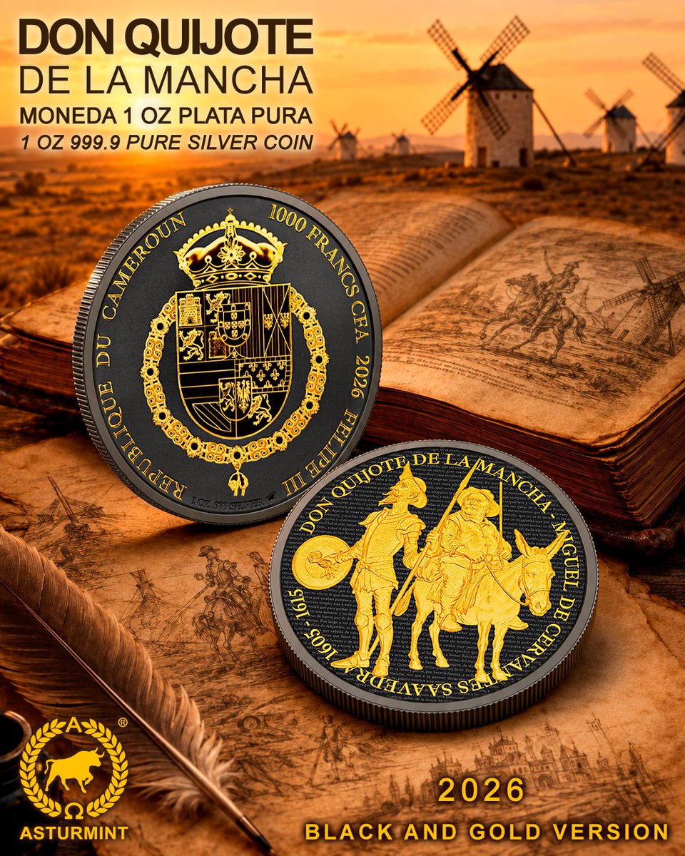 asturmint's tweet photo. Cameroon 2026 - Don Quijote de la Mancha - Black &amp; Gold - 1 oz 999.9 #silver coin

#Asturmint presents a spectacular new #collector edition of the 1 oz Don #Quijote de la Mancha legal tender #coin, featuring a selective plating of black ruthenium and 24k gold.

November 2026! https://t.co/YuAuz2tXRq
