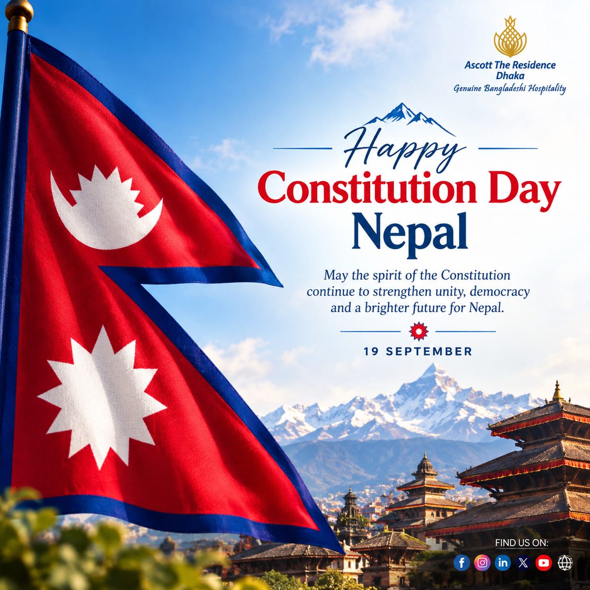 AscottHotels's tweet photo. 🇳🇵 Happy Constitution Day, Nepal!

Warm wishes to the people of Nepal for peace, unity, prosperity, and a brighter future.

Warm regards from Ascott The Residence Dhaka.

#NepalConstitutionDay #ConstitutionDay #Nepal #WarmWishes #AscottTheResidence https://t.co/su8tl84oMP