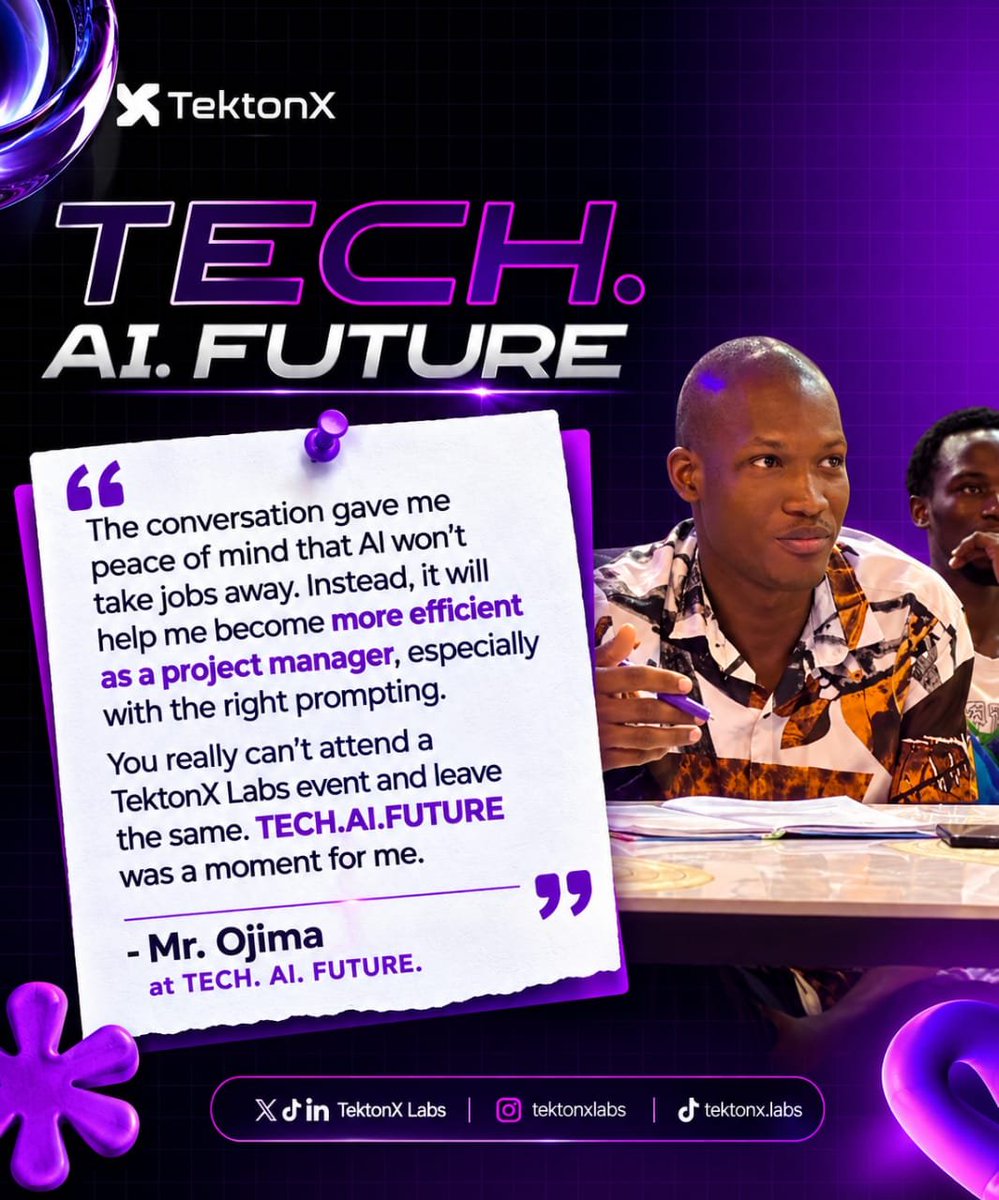 TektonXLab's tweet photo. TESTIMONIES FROM "TECH. AI. FUTURE." ATTENDEES.

“The conversation gave me peace of mind that AI won’t take jobs away. Instead, it will help me become more efficient as a project manager, especially with the right prompting.

— Mr. Ojima
at TECH. AI. FUTURE. https://t.co/vSmLT16FxP