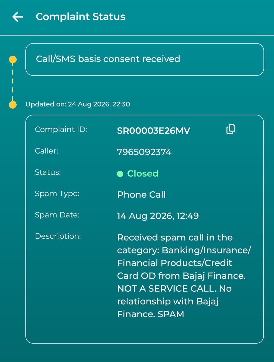 jalaj's tweet photo. I request @TRAI to take note that @Bajaj_Finserv continues to violate DND and then successfully contest it saying Consent received when there was none. @JioCare please share what evidence they that you accept despite me saying that I don't consent to this fraud company https://t.co/6gAkUcjCSz