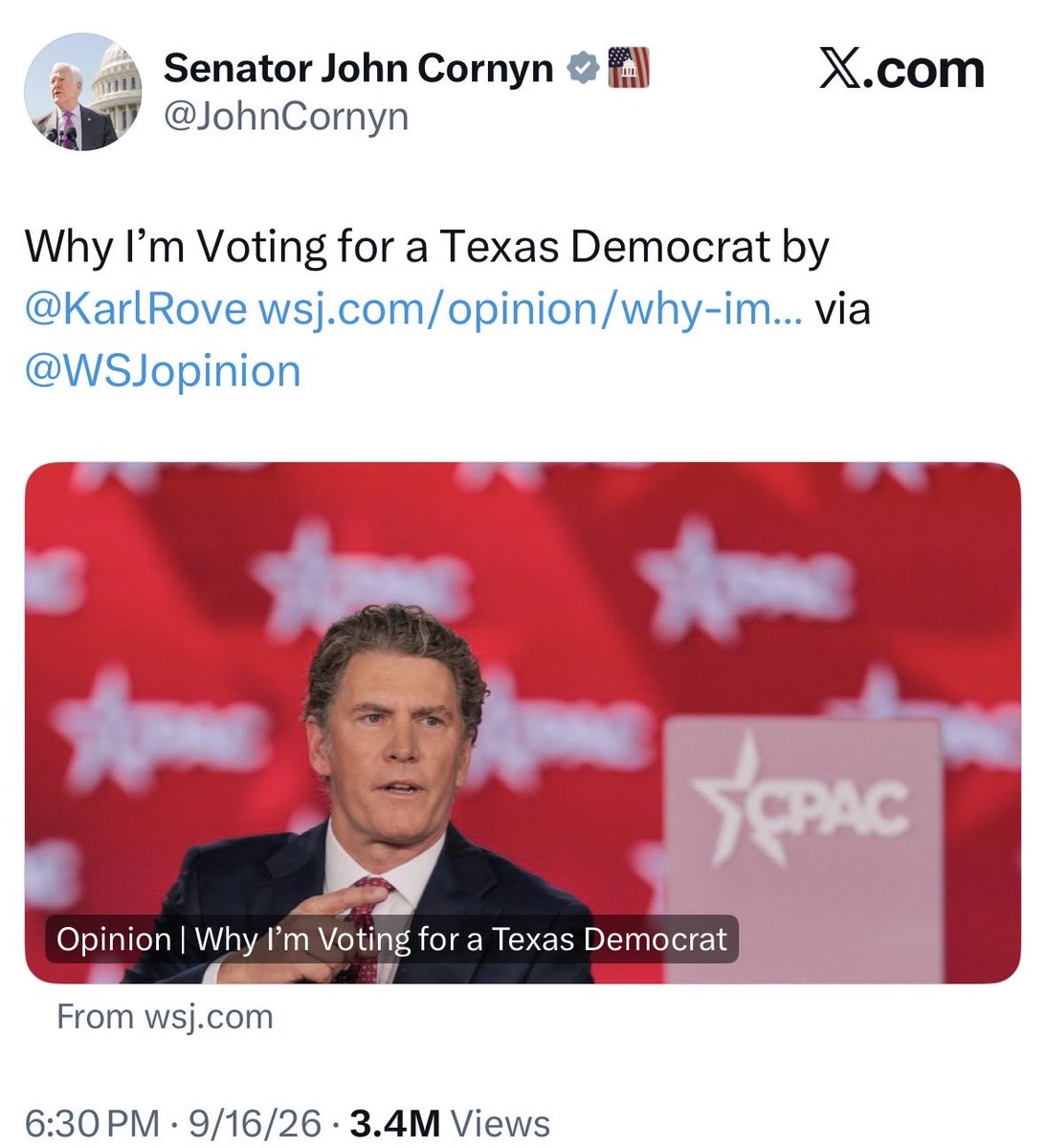 BreannaMorello's tweet photo. John Cornyn is a puppet for the Deep State.

That’s why President Trump didn’t endorse him.

That’s why Texans rejected him.

Cornyn is biter he’s out of a job in a few weeks and he’s going to take it out on Texans by cheerleading for our state’s demise. https://t.co/Emx2ZVFDqp