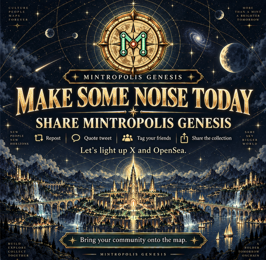 CosmicMetaX's tweet photo. TODAY, WE PUSH. 🧭

Share Mintropolis Genesis everywhere.

♻️ Repost
💬 Quote tweet
🏷️ Tag your friends
🗺️ Share the OpenSea page
🧭 Bring your communities

Let’s make sure nobody who should know about Mintropolis misses Genesis. 

Let’s take over X and OpenSea today.

https://t.co/WEJBIX1MQN

Mapmakers, make some noise. 🔥 

#CCFF00 #HOODSTREET @HoodStreetCap @RoaringPiggy @RealCashpig @Shaq82080