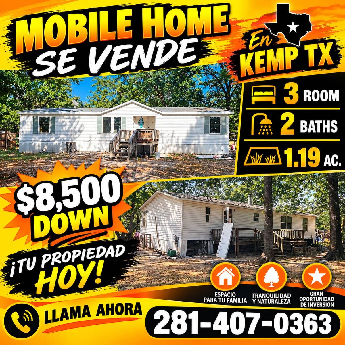 TerrenosTexas's tweet photo. VENDO MHOME 3R 2BATHS 1.19 AC .Kemp TX 
$8500 Down 
$240K
OwnerFianance 
Tel 430-775-5150 281-407-0363 
#TUPROPIEDADHOY https://t.co/4Zs8bGWR3o