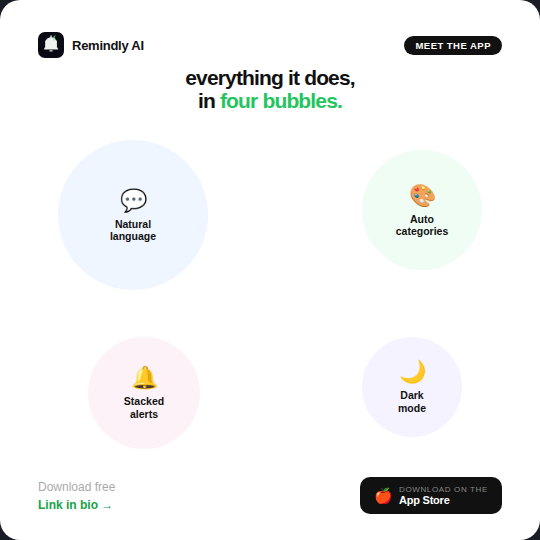 RemindlyAI_app's tweet photo. Your brain is not built for storage 🧠
Everything it does in four bubbles, and one clear reason the regular reminders app is still stuck at the starting line. Download free link in bio
#RemindlyAI #NeverForget #Productivity #AIApp #TechTok https://t.co/JjKAHLJxXp