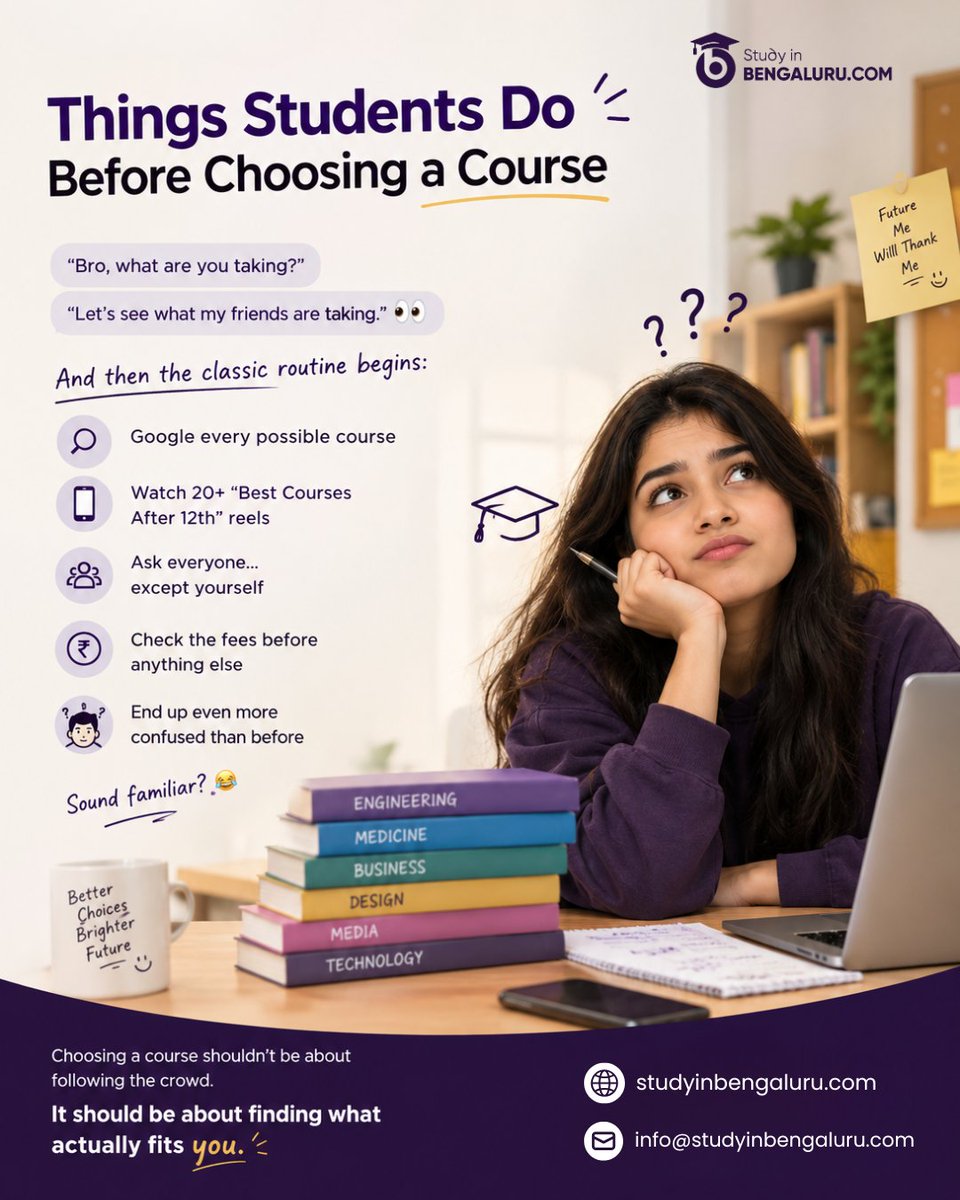 Studyinbengalur's tweet photo. “Bro, what are you taking?” 👀
“Let’s see what my friends are taking.” 
Google. Reels. Fees. Opinions. And somehow… MORE confusion. 😂

Choose what fits YOU, not the crowd. 🎓

#StudentLife #CareerGuidance #After12th #StudyInBengaluru #Collegelife #Confusion #CourseSelection https://t.co/w0xKiGaSoE