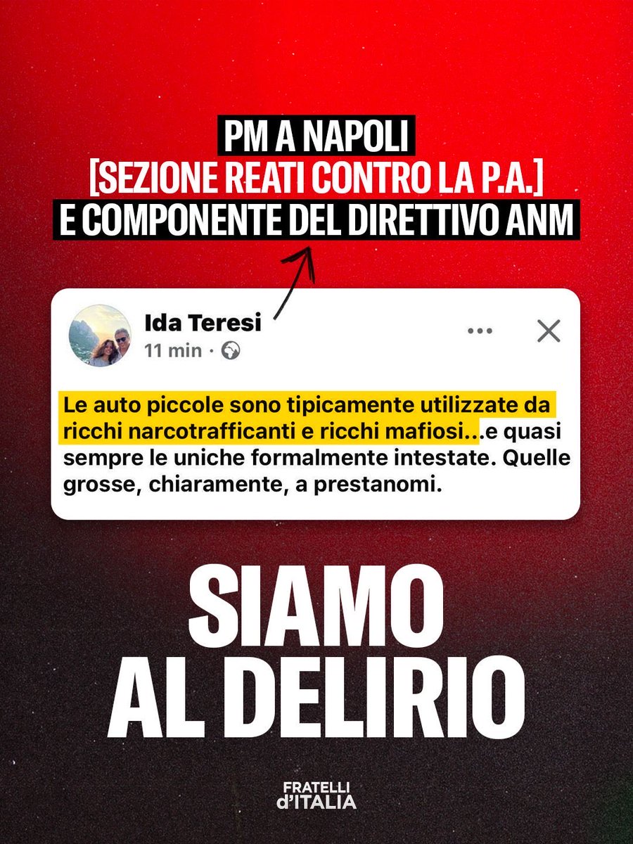 FratellidItalia's tweet photo. Un magistrato, componente del direttivo dell’ANM, scrive subito dopo l’annuncio del taglio del bollo auto che le auto di piccola cilindrata sarebbero utilizzate da “ricchi mafiosi”.

Un’affermazione che finisce per essere uno schiaffo a tutti quegli italiani che, per scelta o per necessità, utilizzano un’auto di piccole dimensioni.

Secondo la lettura del PM, il provvedimento sarebbe addirittura un favore ai mafiosi.

Ormai, pur di attaccare il Governo Meloni, c’è chi arriva a stravolgere la logica e il buon senso.