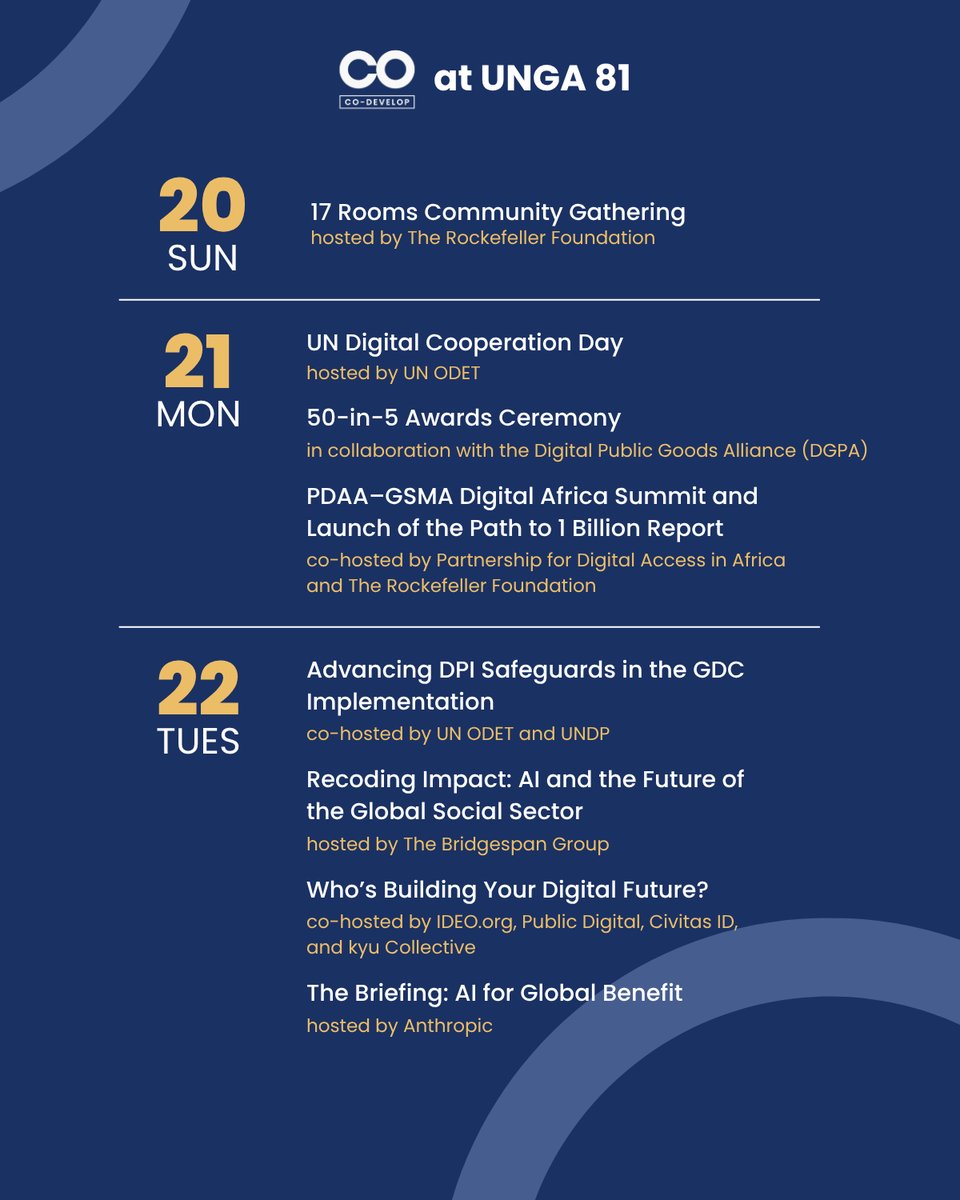 LetsCoDevelop's tweet photo. Co-Develop is heading to #UNGA81! 🌐

From 20–25 September, our team will be in New York joining conversations on #DPI, AI, digital cooperation, safeguards, access, and interoperability, exploring what it takes to build a more inclusive, safe, and connected digital future. (1/2) https://t.co/vZHk7IYGDc