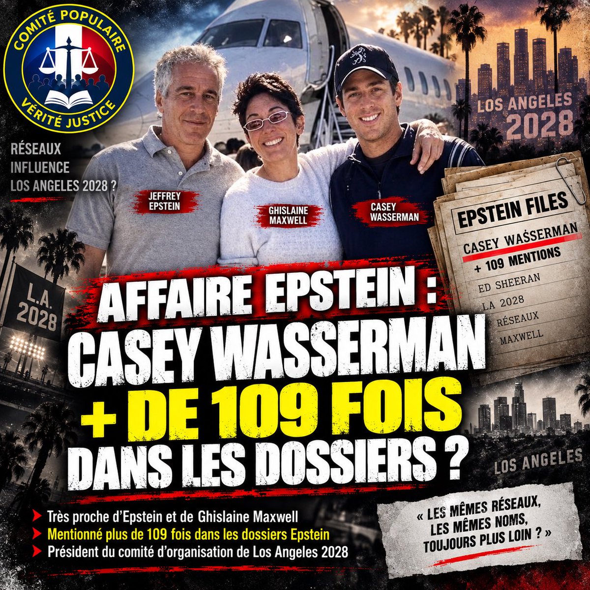 VeriteEpstein's tweet photo. 🚨 Selon les #EpsteinFiles, Casey Wasserman, agent de réservation d’Ed Sheeran, est cité plus de 109 fois dans les dossiers Epstein. Proche de Jeffrey #Epstein et de Ghislaine #Maxwell, il préside aujourd’hui le comité d’organisation des JO de Los Angeles 2028. #LA28 https://t.co/XmeLTextsD