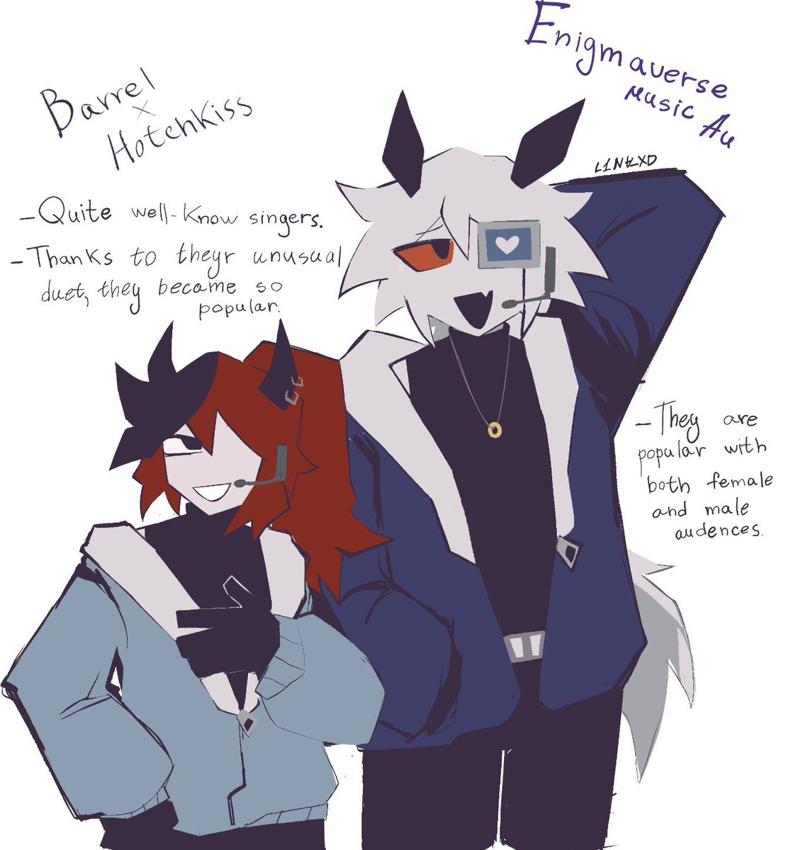 Alesia176814's tweet photo. Barrel and Hotchkiss-Some of the most famous singers in the industry. Even though the Cover.Corp agency usually doesn’t approve of romantic feelings, it was precisely this sincerity and pure love that made Barrel and Hotchkiss so popular

#Enigmaverse #EnigmaverseMusicAu https://t.co/RCqRvLM2Jw