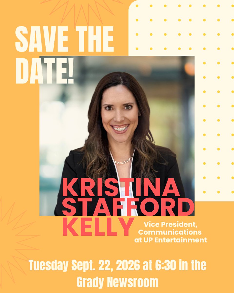DiGammaKappa's tweet photo. Come join us to hear from Kristina Stafford Kelly via Zoom! 🎤
Kelly is the vice president of communications at UP Entertainment, home to networks including UPtv, AspireTV, UP Faith &amp; Family and Cine Romántico.
We will meet in Grady room 120 at 6:30. Can’t wait to see you there! https://t.co/coO2pHTwTB