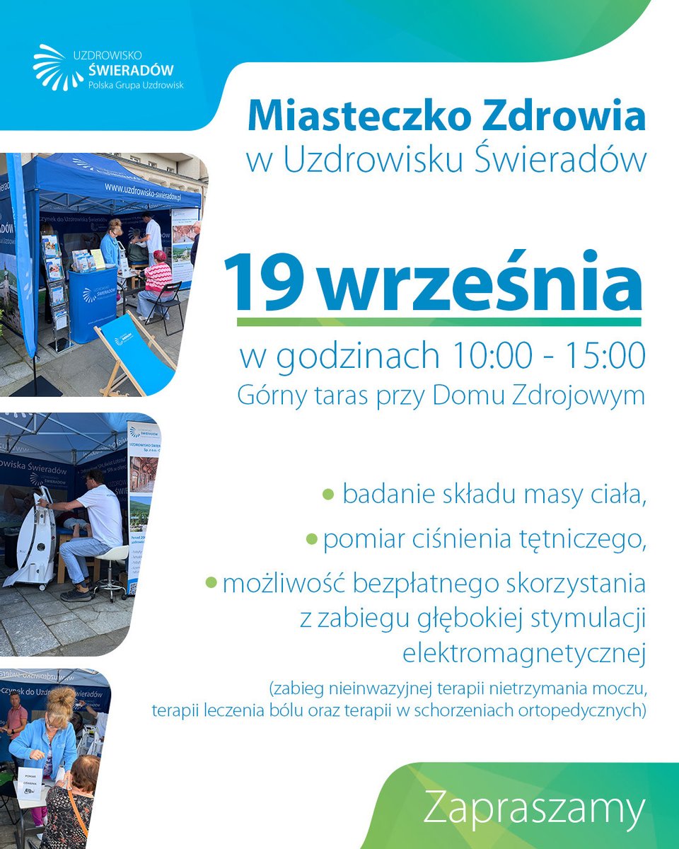 UZdroj's tweet photo. 🌿 Miasteczko Zdrowia już w sobotę! 💚 19.09 | 10:00–15:00 📍górny taras przy Domu Zdrojowym.
🩺 Bezpłatne badania i pomiary, 💪 prezentacja terapii SALUS-TALENT PRO oraz oferta uzdrowiska i Terra SPA.

Do zobaczenia! 😊

#MiasteczkoZdrowia #UzdrowiskoŚwieradówCzerniawa https://t.co/e8zff9ksnA