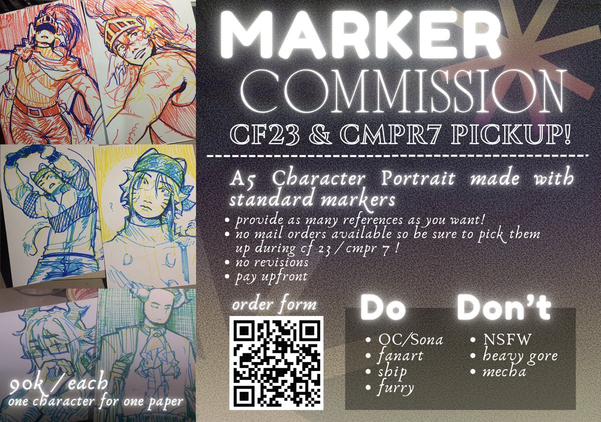 kisamarrr's tweet photo. hey everyone, my marker commissions are open! 
for #comipara7 and #comifuro23 pick-upˎˊ˗

📆Open until 30 September 2026
🍎Pickup in Booth ANGGOON (D32-33 in cmpr7, no. TBA for cf23)

you can find more info in the form link below! 
⛓️‍💥https://t.co/twnnMquvGF https://t.co/uykiQFGkUQ