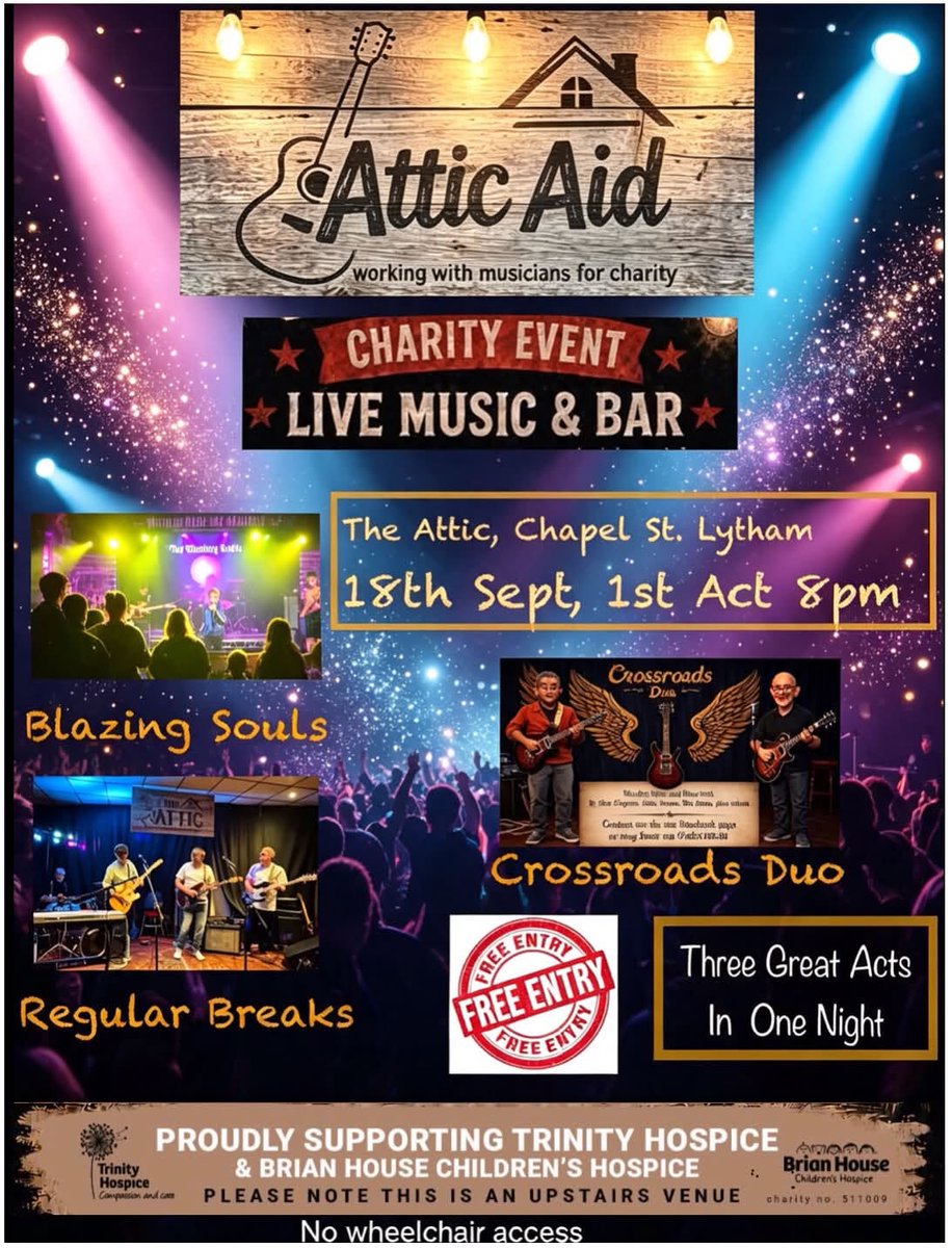 LythamLifeStyle's tweet photo. Already making a mark on the #locallivemusic scene and now with a great #charity event for Trinity Hospice &amp; Palliative Care Services with not one BUT three bands.
Please bring lots of cash though for bucket collection
#whatsoninlythamstannes
The Attic https://t.co/FlxEo1BFv5