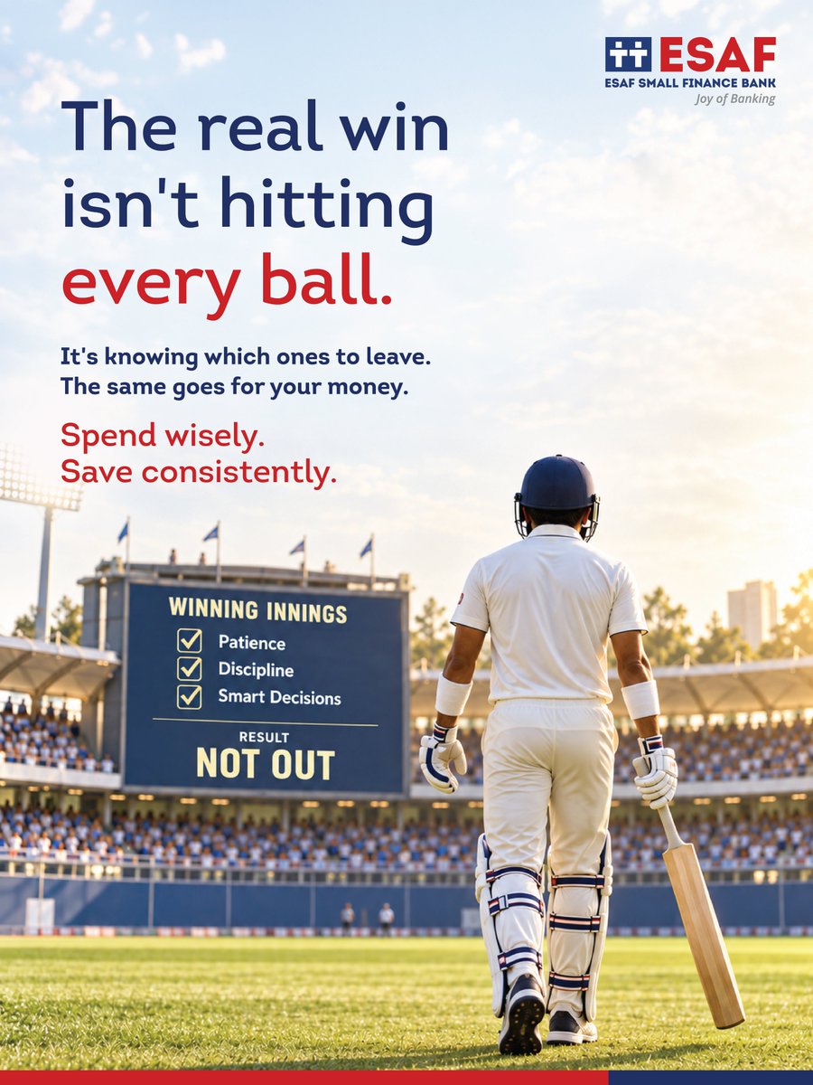 ESAFBank's tweet photo. In cricket and in life, knowing when to play and when to let go makes all the difference.
Spend wisely. Save consistently. Build a winning financial innings.
#ESAFBank #FinancialAwareness #MoneyMatters #SmartSaving https://t.co/iEKDVrTmmP