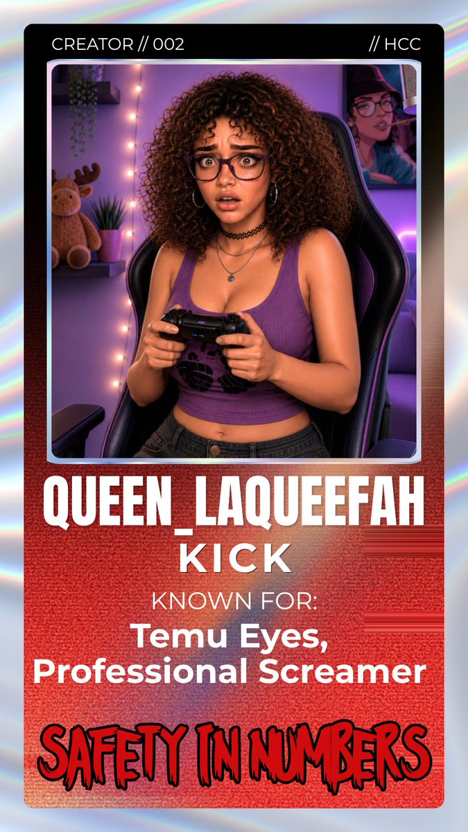 TheHorrorCC's tweet photo. Joining me again this week with her Temu eyes and her own brand of chaos... Is the wonderful Queen LaQueefah! 

💀♥️ SAFETY IN NUMBERS ♥️💀
💀💀♥️ EPISODE // 003 ♥️💀💀

⏰ TODAY 7PM BST/2PM EST 
🎮 7 MINUTES IN HELL
💚 LIVE ON KICK https://t.co/B0dz6DBbta