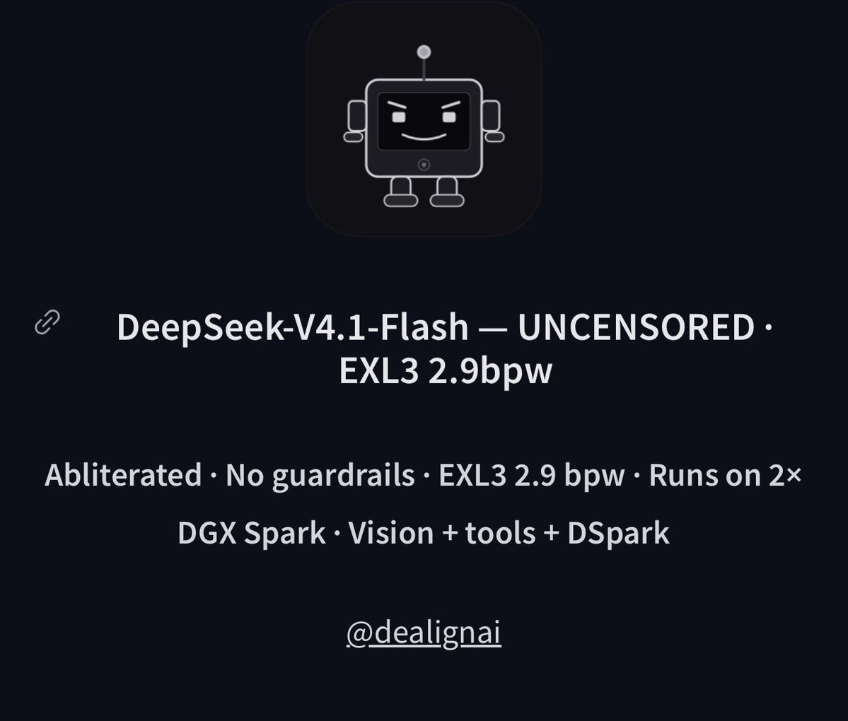 dealignai's tweet photo. DeepSeek v4.1 Flash Fully Uncensored for 2x DGX Spark users - No damage to knowledge at all - VL working

I think I’ve perfected figuring out where refusal behavior related to “ethics” and “morals” live - with my method and pipeline for dsv4.1flash, the only areas in MMLU logit mode that were hit are literally only within the “ethics” topic, resulting in less than a -1% difference in scores when comparing to the base (12% difference when considering the drop in ethics score)

I put the recipe on how to run and use this model within the readme.

https://t.co/ckYHm9Dr1R