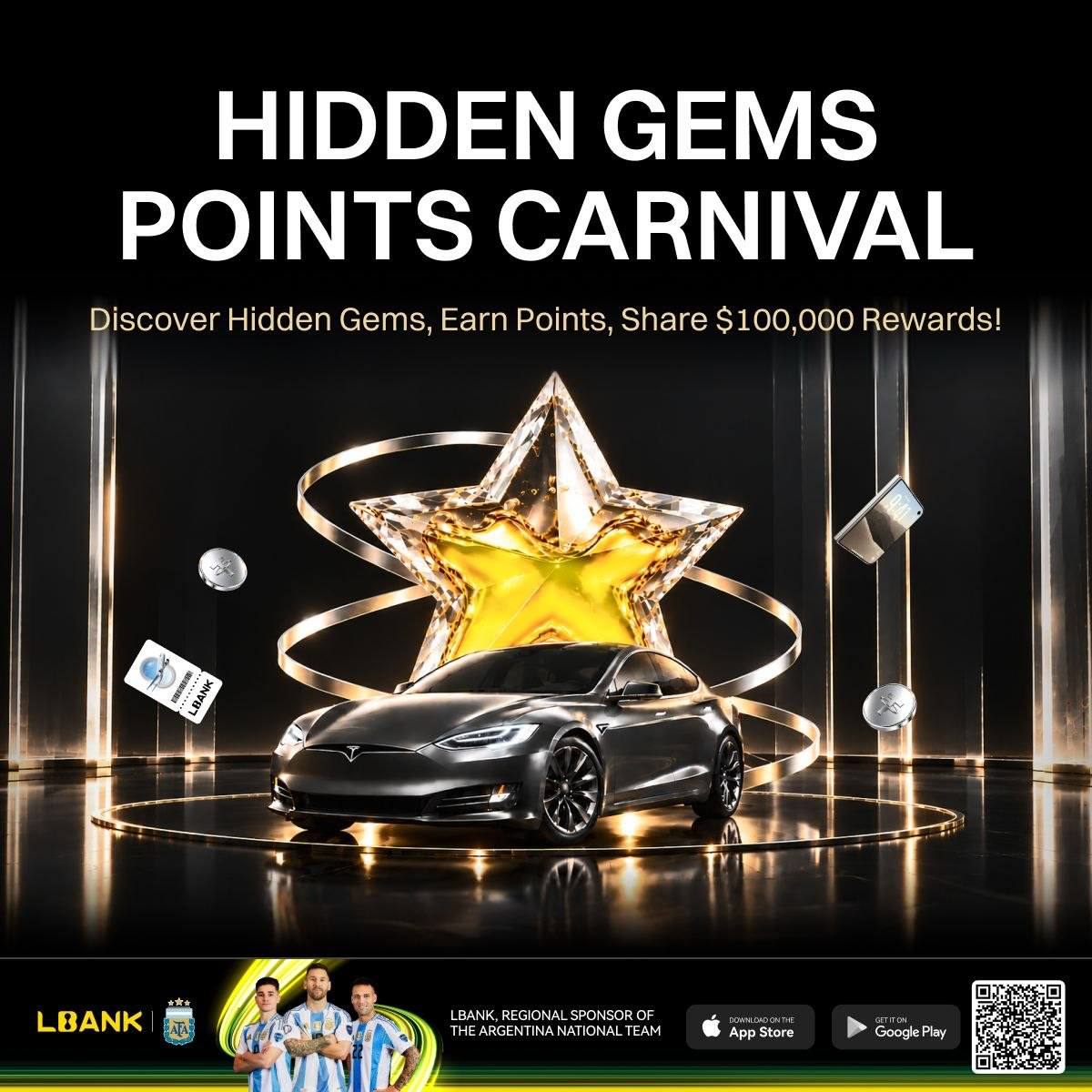 NickAlphas's tweet photo. One person might want the Tesla.  

Someone else might prefer USDT or an ETH position voucher.  

That choice is what makes the Hidden Gems Points Carnival from @LBank_Exchange interesting.  

Eligible users can start with 50 points after completing the qualifying deposit and first spot-trade requirements above 10 USDT. Inviting friends can add up to 500 more.  

The $100,000 rewards pool covers a wide range of options:  
- iPhone Duo 
- Travel vouchers 
- USDT and Futures Bonuses 
- ETH, DOGE and XRP position vouchers 
- Tesla Model S  

Check the point cost, availability and complete terms here:  https://t.co/5fhTf8nJGx