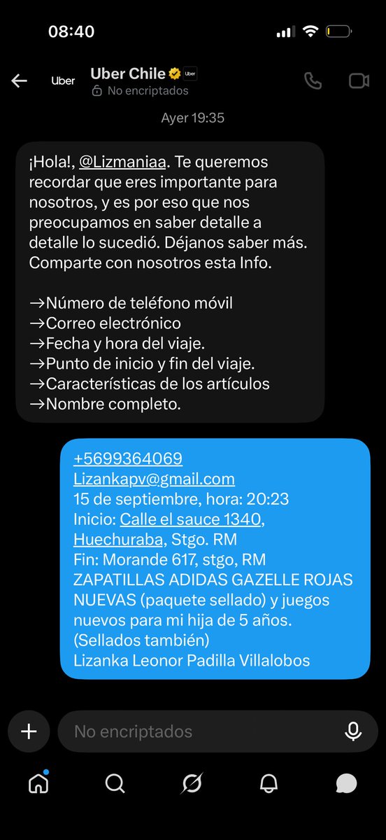 Lizmaniaa's tweet photo. Contraté un Uber Envíos para entregar dos paquetes. La conductora los retiró, pero nunca llegaron al destinatario y aun así el viaje fue marcado como entregado. Uber dice que la conductora asegura haberlos entregado, pero no acredita a quién ni cómo se validó la entrega. Cerraron el caso devolviendo solo el costo del viaje y sigo sin mis pertenencias. Necesito una respuesta y solución de @Uber_Chile.