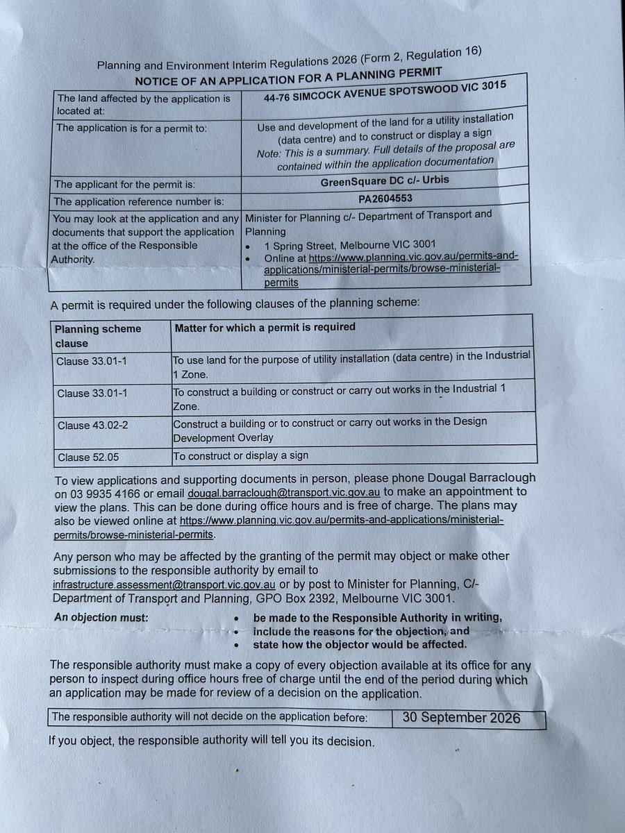 mezattack's tweet photo. Trying to fast-track data centres?
This is what residents received in the mail today — a planning permit application for a data centre at 44–76 Simcock Ave, Spotswood, with just 14 days to object.
#NoDataCentreInSpotswood #Spotswood #DataCentres https://t.co/K7m9uvnv8l