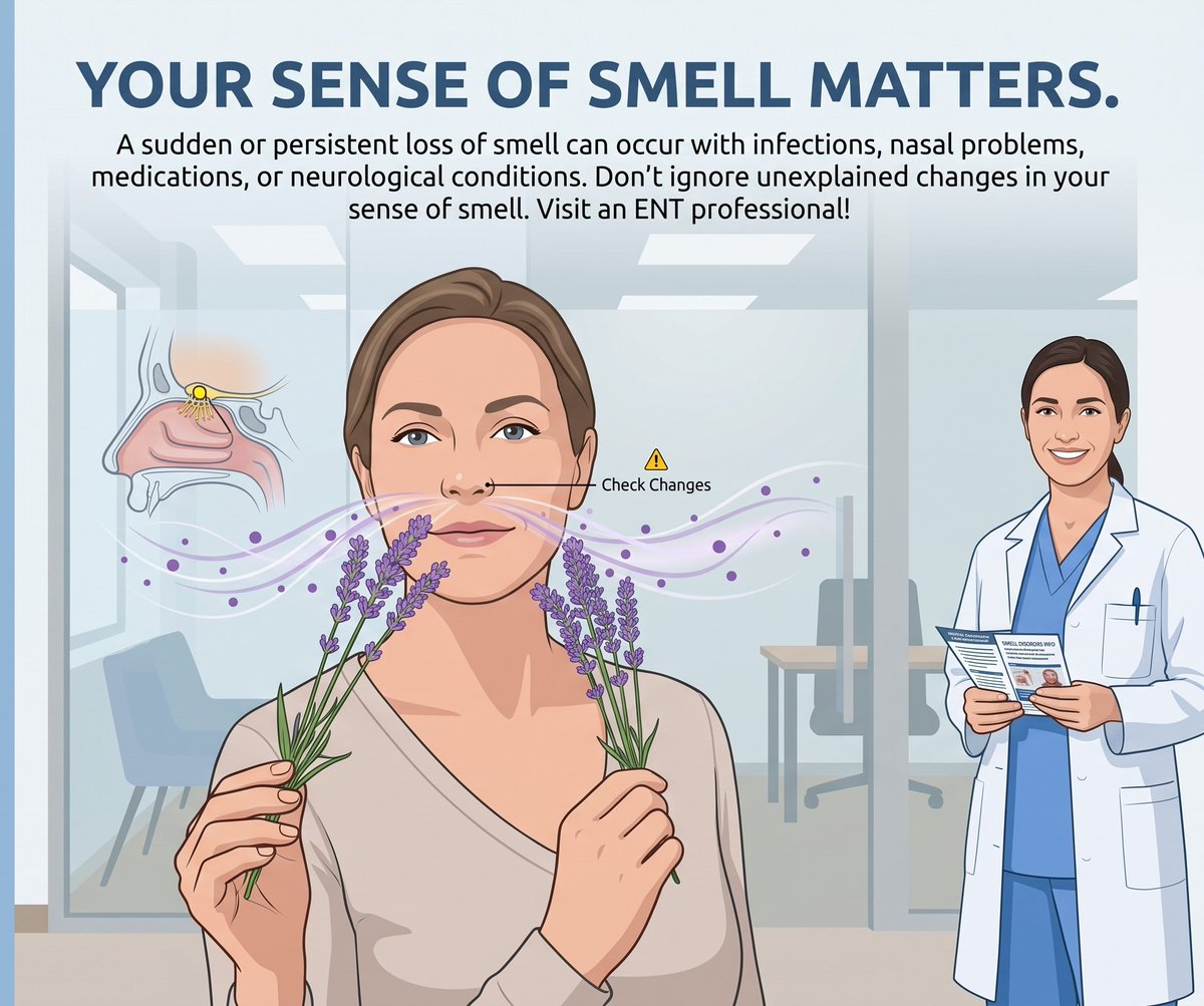 a_ilupejuENT's tweet photo. Your sense of smell matters.
A sudden or persistent loss of smell can occur with infections, nasal problems, medications, or neurological conditions. Don't ignore unexplained changes in your sense of smell. Visit an ENT professional!

#ENT #CARE #HealthcareSafety https://t.co/4JoW2rIidt