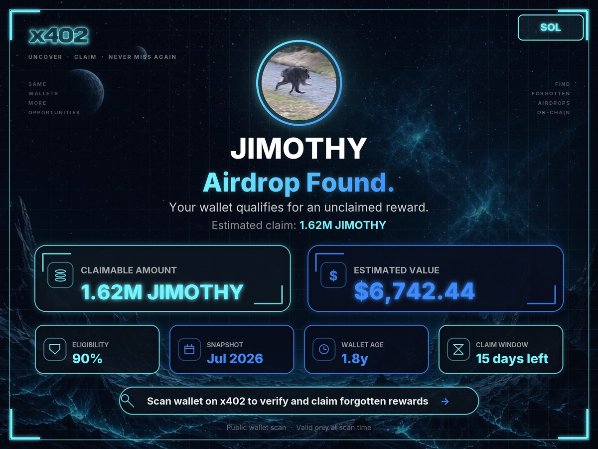 mjoshy08's tweet photo. Rаn my wallet through x402 today. $JIMOTHY had 1.62M JIMOTHY just sitting there.

Ge87EtsjwRQbHaqQmKRno69RFTwh9bfSsm99XNxTpump
Scan ref cl75f6n⁠4

https://t.co/dPcTB4cJpB https://t.co/1Es9PNA6Q6
