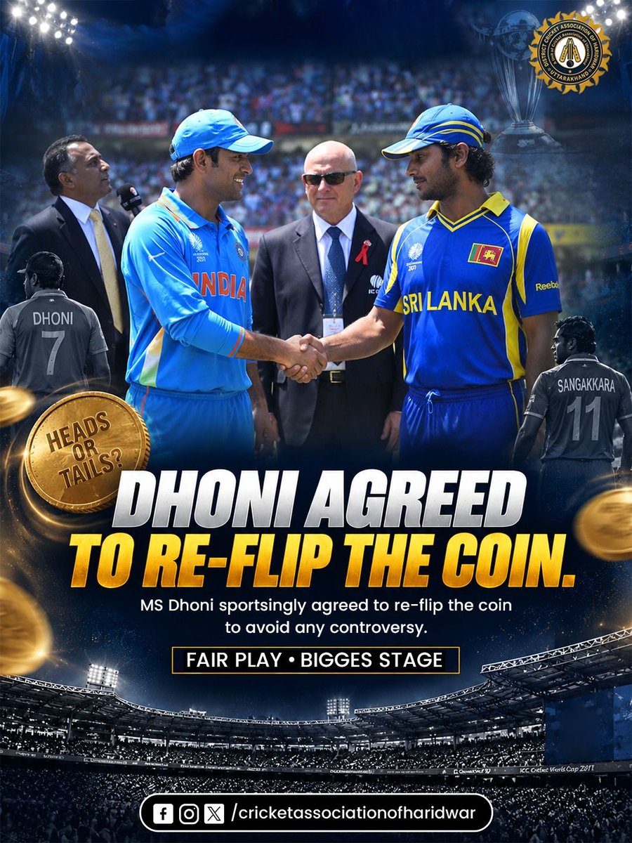 Officialcrah's tweet photo. A coin toss so loud it happened TWICE! 🪙💥

Wankhede’s roar drowned the call, so MS Dhoni agreed to a re-flip. Pure sportsmanship!

Favorite 2011 memory? 👇

#CricketAssociationOfHaridwar #MSDhoni #WorldCup2011 #CricketTrivia #Sportsmanship https://t.co/oFipSLzUNd