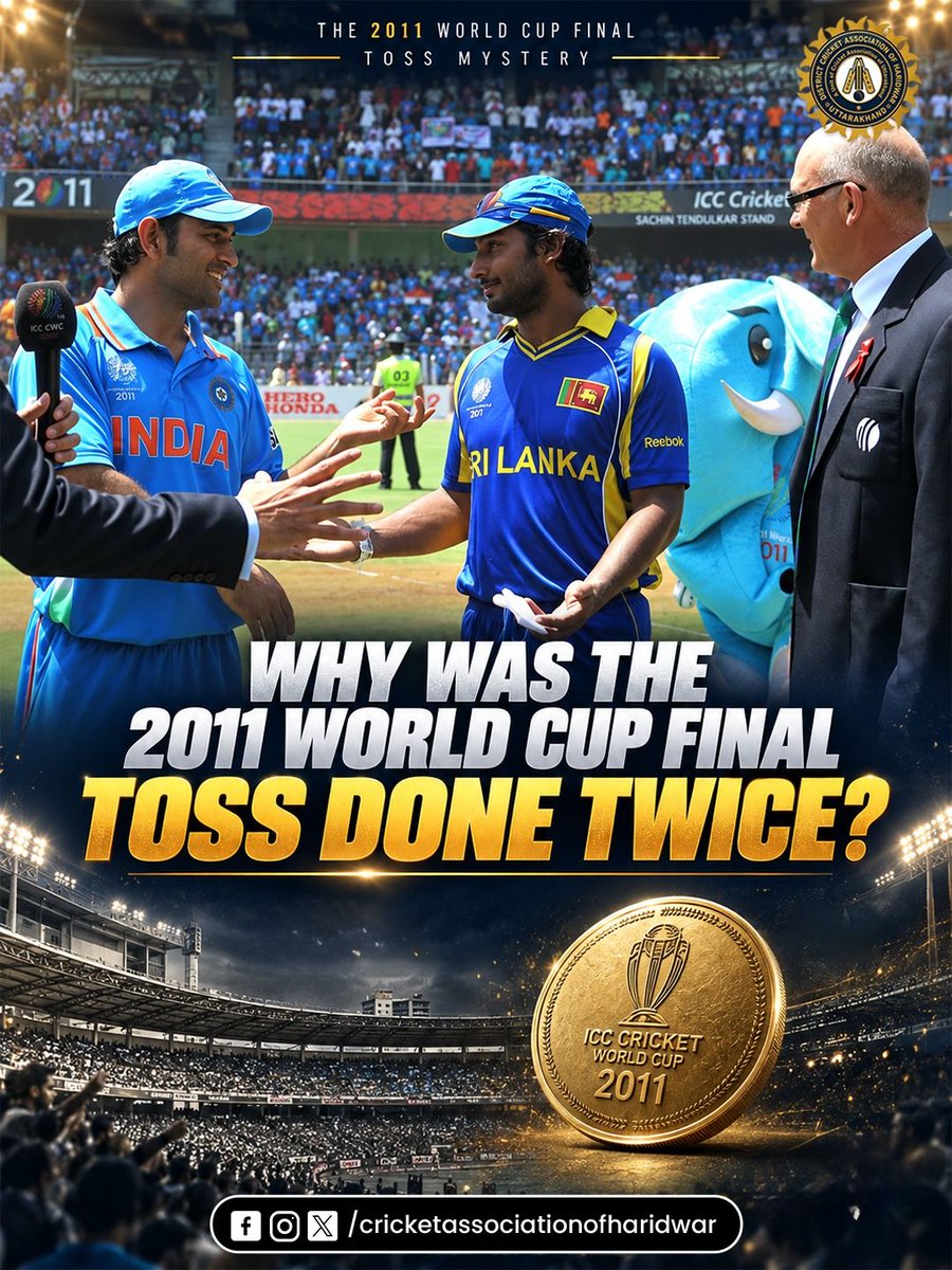 Officialcrah's tweet photo. A coin toss so loud it happened TWICE! 🪙💥

Wankhede’s roar drowned the call, so MS Dhoni agreed to a re-flip. Pure sportsmanship!

Favorite 2011 memory? 👇

#CricketAssociationOfHaridwar #MSDhoni #WorldCup2011 #CricketTrivia #Sportsmanship https://t.co/oFipSLzUNd