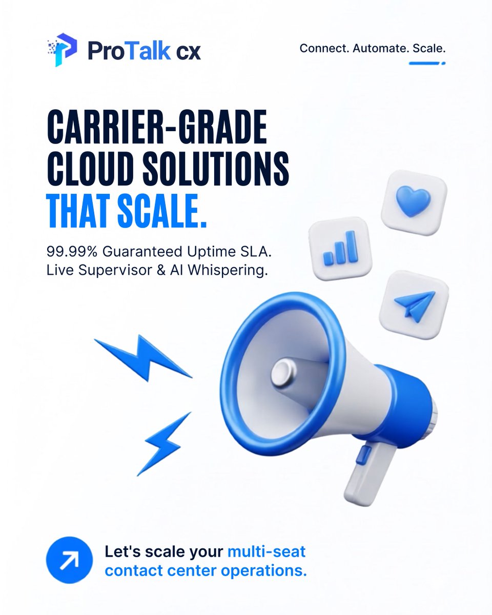 Protalk_Limited's tweet photo. Ready to scale your contact center operations? ๐
Connect, automate, and grow with ProTalk CX! Experience carrier-grade cloud solutions featuring a 99.99% guaranteed uptime SLA, live supervisor tools.
#ProTalkCX #CloudSolutions #ContactCenter #BusinessGrowth #AIWhispering #Cu https://t.co/NSH8VWazo2