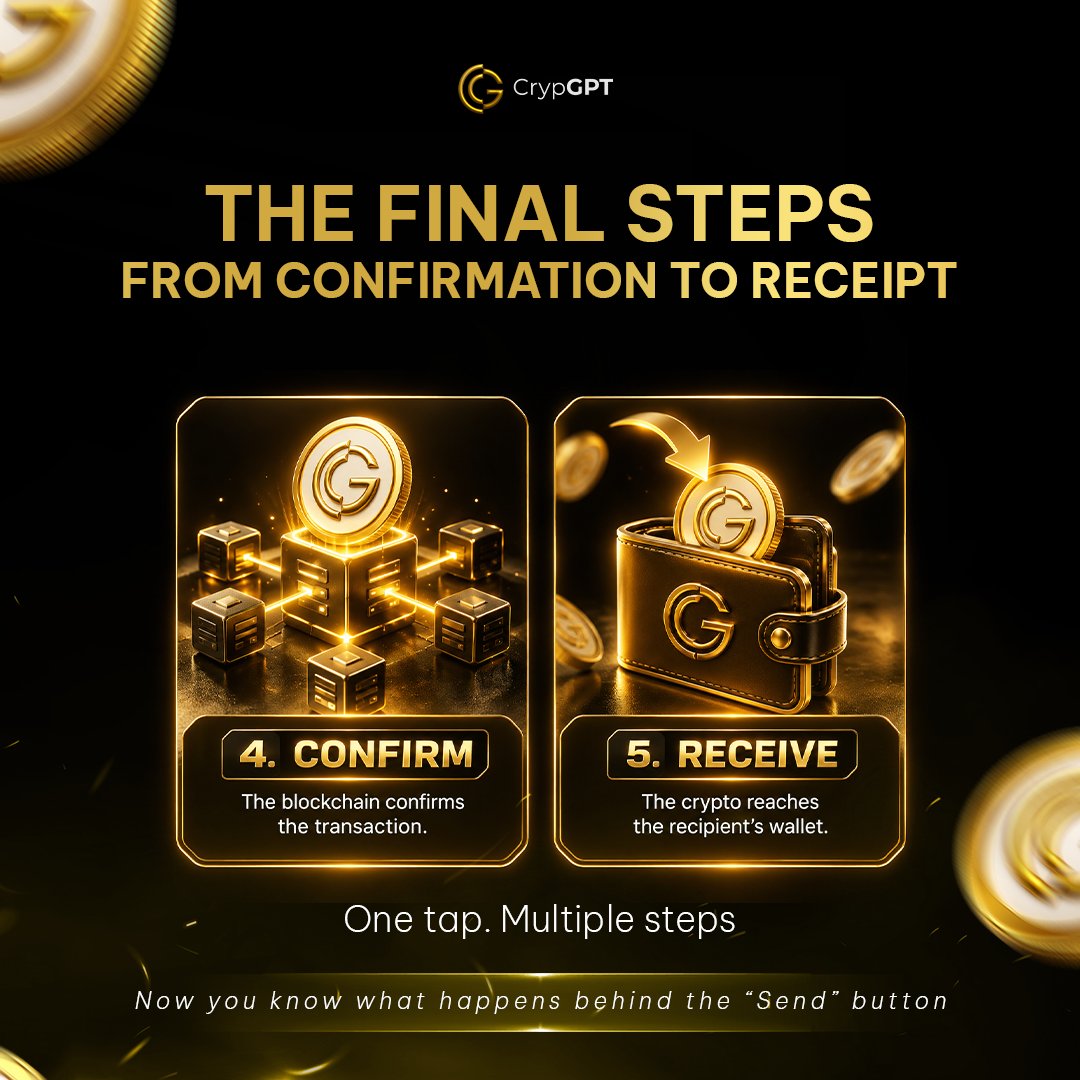 crypgpt_token's tweet photo. Ever wondered what happens after you hit βSendβ in crypto? π
Itβs more than one click:
π€ Send
π‘ Broadcast
π Verify
β
Confirm
π₯ Receive
Behind every transaction is a process working in the background. β‘
Which step was new to you? π
#CrypGPT #Crypto #CryptoEducation https://t.co/u3JxCiwZM0