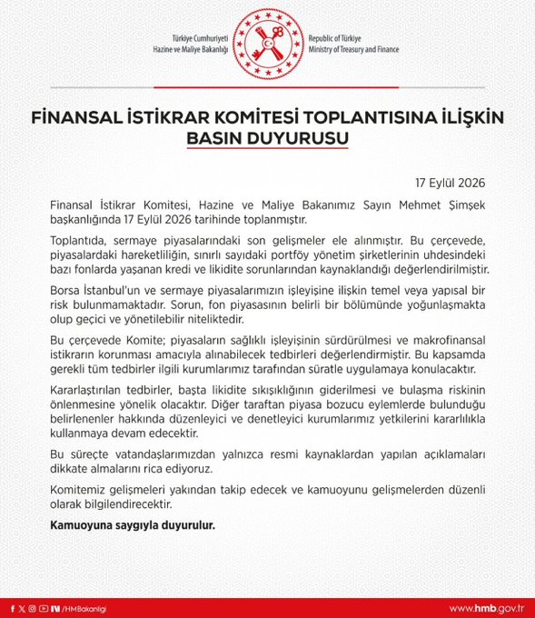 Michele11846's tweet photo. Finansal İstikrar Komitesi Toplantısına İlişkin Basın Duyurusu - 17 Eylül 2026

- Sorun, fon piyasasının belirli bir bölümünde yoğunlaşmakta olup GEÇİCİ VE YÖNETİLEBİLİR NİTELİKTEDİR. https://t.co/dtNbHXmiMe