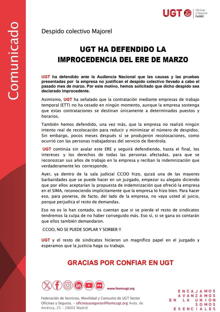 oysugt's tweet photo. 🔴 Sector Contact Center 🔴
Ayer tuvo lugar el juicio en la #AudienciaNacional por el #despidocolectivo de #majorel qué finalizó en marzo afectando finalmente a un total de 279 personas
#UGT sigue sin avalar este ERE, como así lo defendió hasta el final en la sala judicial https://t.co/5e51es8MIv