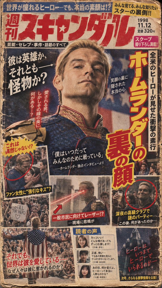 VoxcatAI's tweet photo. 把角色做成“过期八卦杂志封面”，一下就有故事了。

主肖像是人设，偷拍小图、红圈箭头和读者评论负责把人设搞复杂。越看越像真的。

提示词：
【主体】登上一本泛黄过期的娱乐八卦杂志封面：夸张醒目的爆料标题、模糊偷拍剧照、红圈与箭头批注、读者来信和碎片化评论，像一桩被反复炒作的旧闻。画面信息密集、排版真实，越看越像真的。