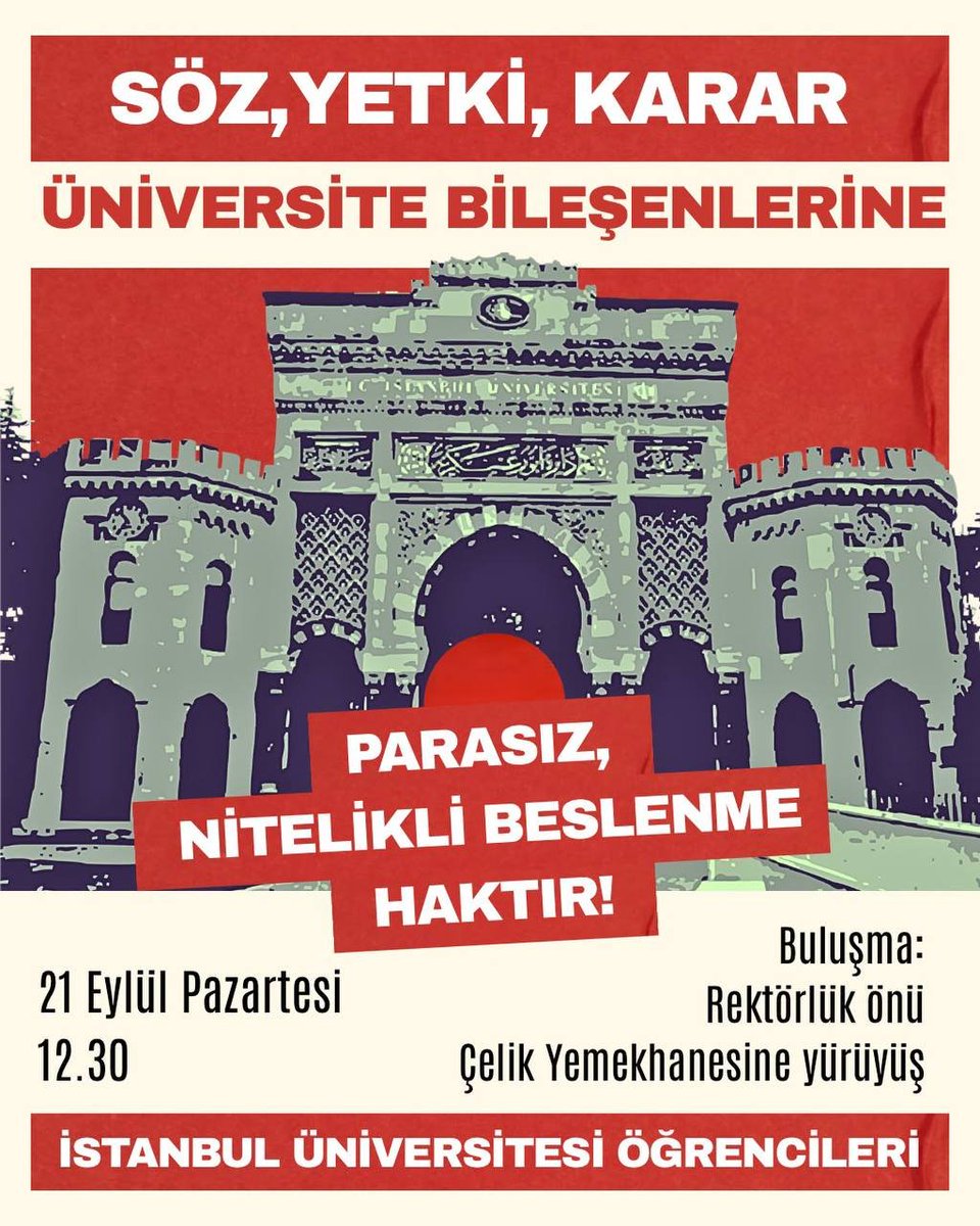 ehp_iu's tweet photo. Bir öğün yemeğe 70 TL vermeyi kabul etmiyoruz. Parasız, nitelikli beslenme hakkımızı kazanacağız. 

İstanbul Üniversitesi öğrencileri olarak yemekhane zammına karşı buluşuyoruz.

🗓️21 Eylül Pazartesi 
⏰12.30 
📍Ana Kampüs/Rektörlük Önü https://t.co/8d1K8T1Hc0