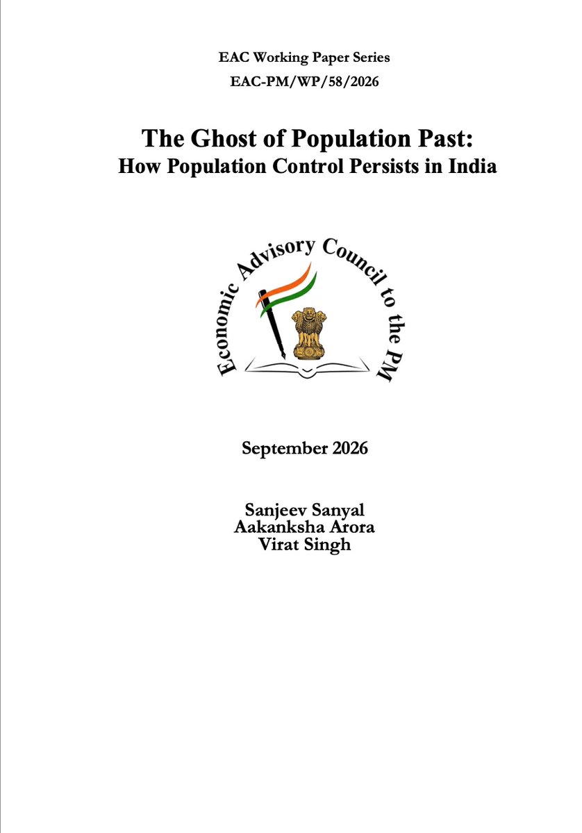 EACtoPM's tweet photo. New paper “The Ghost of Population Past: How Population Control Persists in India” by @sanjeevsanyal @AakankshaArora5 &amp; Virat Singh,argues that with a total fertility rate of 1.9, India is below replacement fertility.Yet, population control remains embedded in government policies https://t.co/oebjpSeTQA