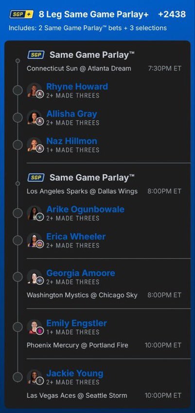 ParlaybyAce1's tweet photo. WNBA 3s parlay @playbook https://t.co/S032QCRrkA