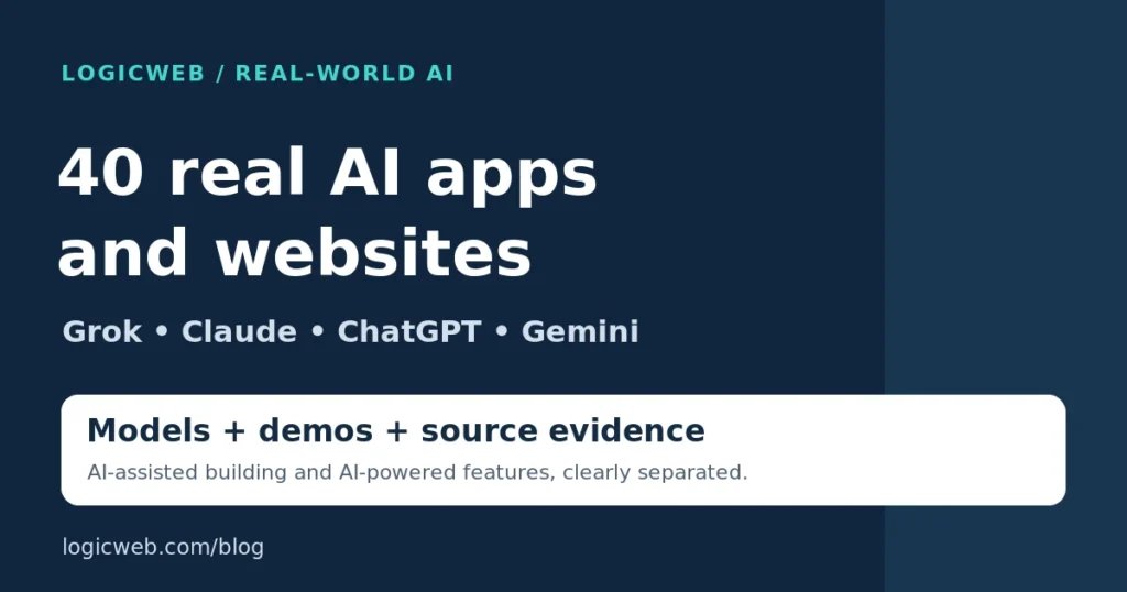 uselumenai's tweet photo. 40 Real AI Apps and Websites: Grok, Claude, ChatGPT & Gemini. 

Explore 40 documented apps, websites and AI-building tools across Grok, Claude, ChatGPT and Gemini. See the disclosed models, source evidence, demo links and the difference between AI-assisted building and AI-powered features.

https://t.co/BPrCbiZmRe