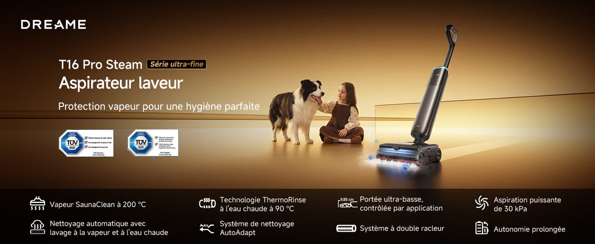 UX_Tech_FR's tweet photo. Le Dreame T16 Pro Steam est désormais disponible en France avec un argument de taille : le nettoyage à la vapeur :
🛒 Lien : https://t.co/3JNRFGOGbs

♨️ Vapeur SaunaClean jusqu’à 200°C | 💨 30 000 Pa | 🏠 Jusqu’à 200 m² | 🔋 Jusqu’à 70 min | 🛞 GlideWheel | ✂️ TangleCut 2.0 | 🧼 Auto-nettoyage et séchage à 95°C

#Dreame #T16ProSteam #AspirateurLaveur #SmartHome #Maison #UxTech