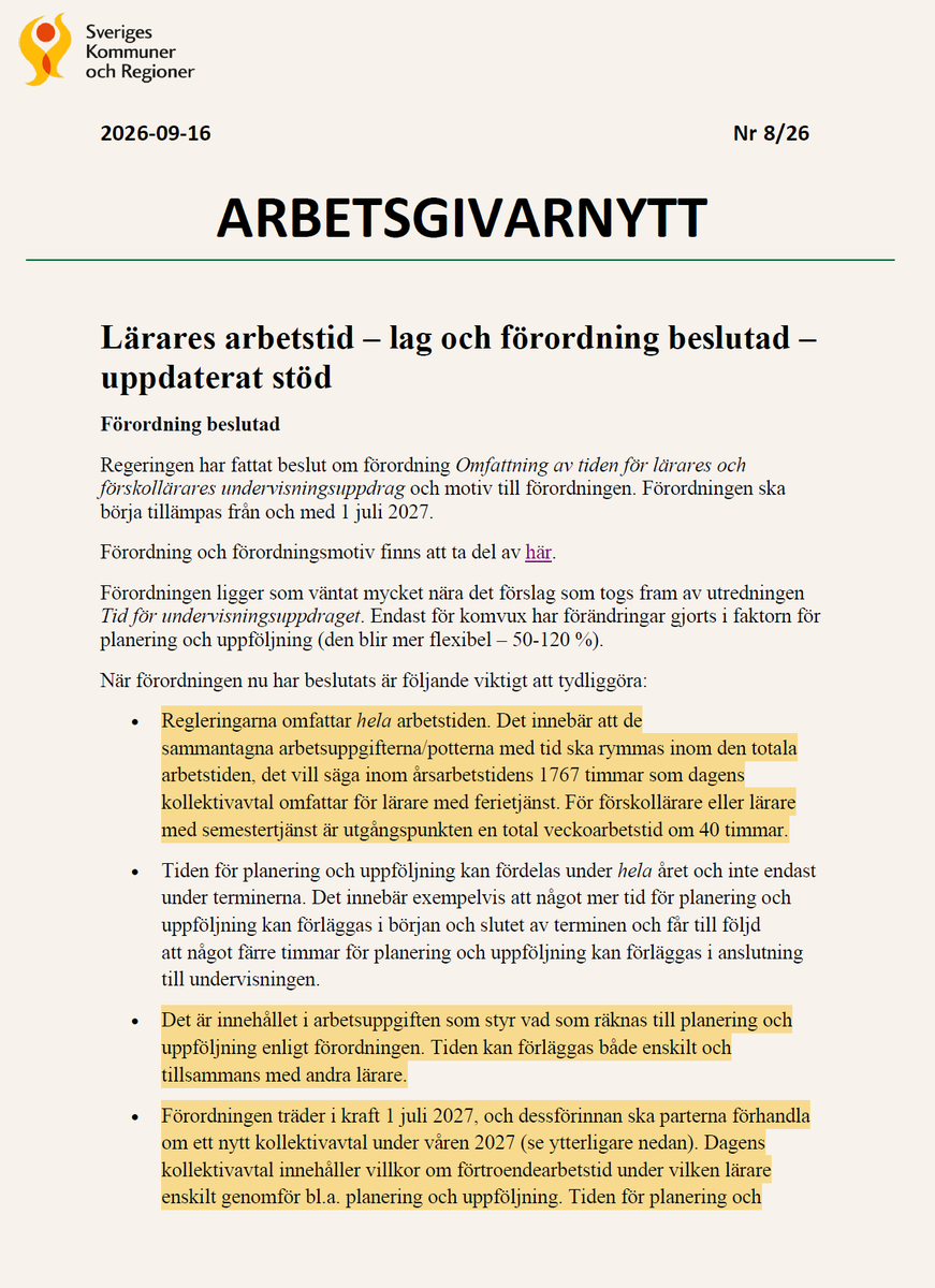ProffSnuggles's tweet photo. (1) I SKRs senaste nr. av "Arbetsgivarnytt" gör man det väldigt tydligt hur man tolkar förordningen om lärares arbetstid, avseende förtroendearbetstiden. Det är inte förvånande men det är problematiskt att vara så säker eftersom kollektivavtalet inte är klart ännu. -> https://t.co/7dWQQExTWB