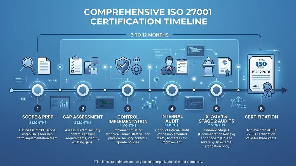 secureslate's tweet photo. How long does it take to get ISO 27001 certified? 🗓️

Most tech teams think it’s a quick 1-month sprint, but the real timeline looks like 3 to 12 months.

The audit itself isn't the long part; it’s defining scope, implementing controls, and building proof.

#ISO27001 #GRC https://t.co/70aSykU7dY
