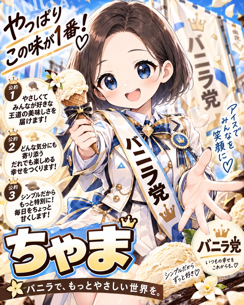twt_cybercat's tweet photo. 本日の #ぷろんぺち は〜！

🍦アイス党宣伝ポスター🍨🥄
 
あなたの推しフレーバーをキャラで
遊んでみませんか〜！！

⏩キャラ画像添付＆プロンプト貼付け
①お名前を入力
②お好みのセリフを入力
③好きなアイスの味を入力

明日から企画イベントでも使うから
ぜひ作って遊んでみてね✨ リプへ⬇ https://t.co/2bws1ednXh