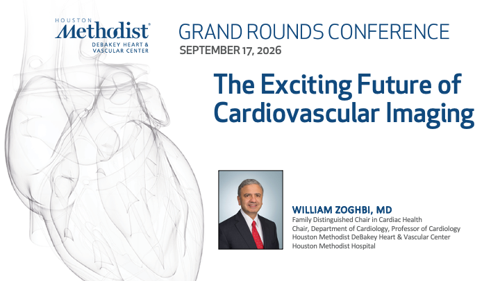 DeBakeyCVedu's tweet photo. LIVE IN ONE HOUR! Grand Rounds conference featuring William A. Zoghbi, MD, presenting “The Exciting Future of Cardiovascular Imaging.” 

Watch LIVE: https://t.co/NCzOFieUNH
#DeBakeyCVEdu #HoustonMethodist #GrandRounds https://t.co/AdSNkrGpis
