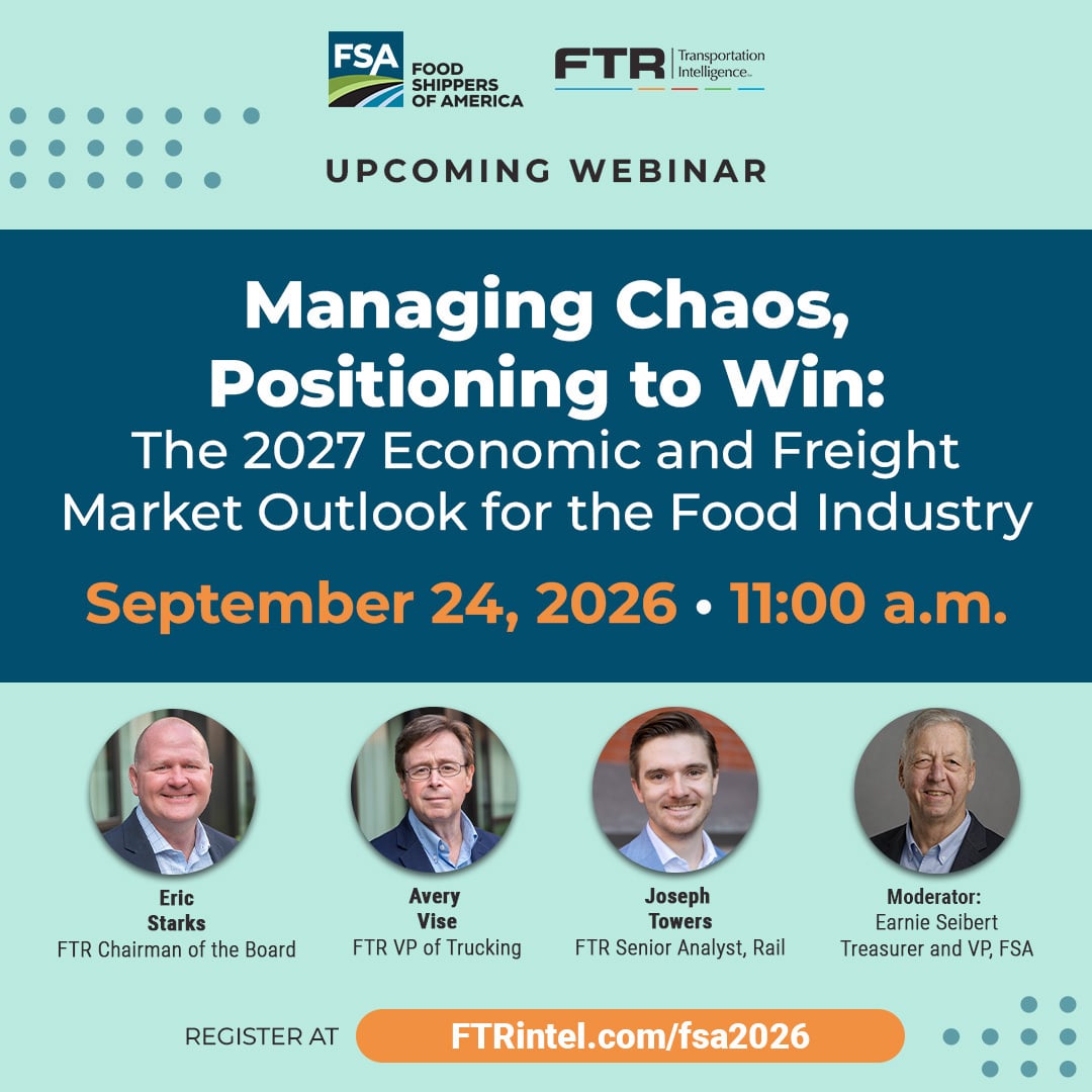 FTRintel's tweet photo. One week to go! Join @FoodShippers + FTR Sept. 24 for a complimentary webinar on the 2027 freight outlook for the food &amp; beverage industry.

Get insights on capacity, demand, pricing &amp; more to help you prepare for the year ahead.

Register now: https://t.co/pQgNsi3YIU https://t.co/XM0ey1RsbG
