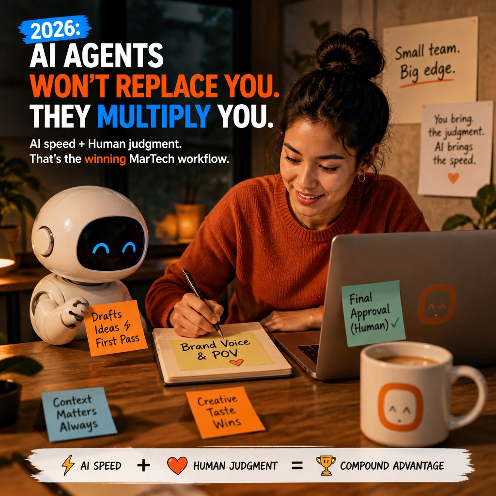 AgentMio's tweet photo. Fact: AI agents can draft a week of content in minutes, but most still need a human edit to sound on-brand. In 2026, the winning workflow isn't autopilot, it's AI speed plus your taste for voice, context, and final approval. #AIMarketing #SoloBuilders https://t.co/KR29watpaf