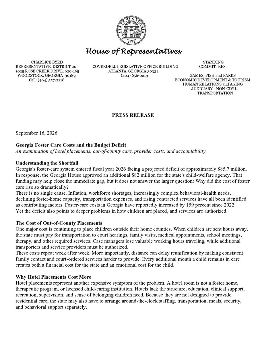 FreedomCaucusGA's tweet photo. 🚨 BREAKING: Rep. Charlice Byrd Calls for Transparency and Accountability in Georgia’s Foster Care System

Georgia entered FY 2026 facing a projected $85.7 MILLION foster care deficit. Georgians deserve to know why.

Throwing another $82 million at the problem without addressing the underlying failures is not a long-term solution.

Rep. Charlice Byrd, Chairwoman of the Georgia Freedom Caucus, is calling for a transparent examination of where these dollars are going, including costly hotel placements, out-of-county care, transportation, emergency staffing, and placement disruptions.

Priority #1: The Needs of the Children

We must address these critical issues so that we can ensure Georgia’s foster children are given the care they deserve. It’s time to get it done.