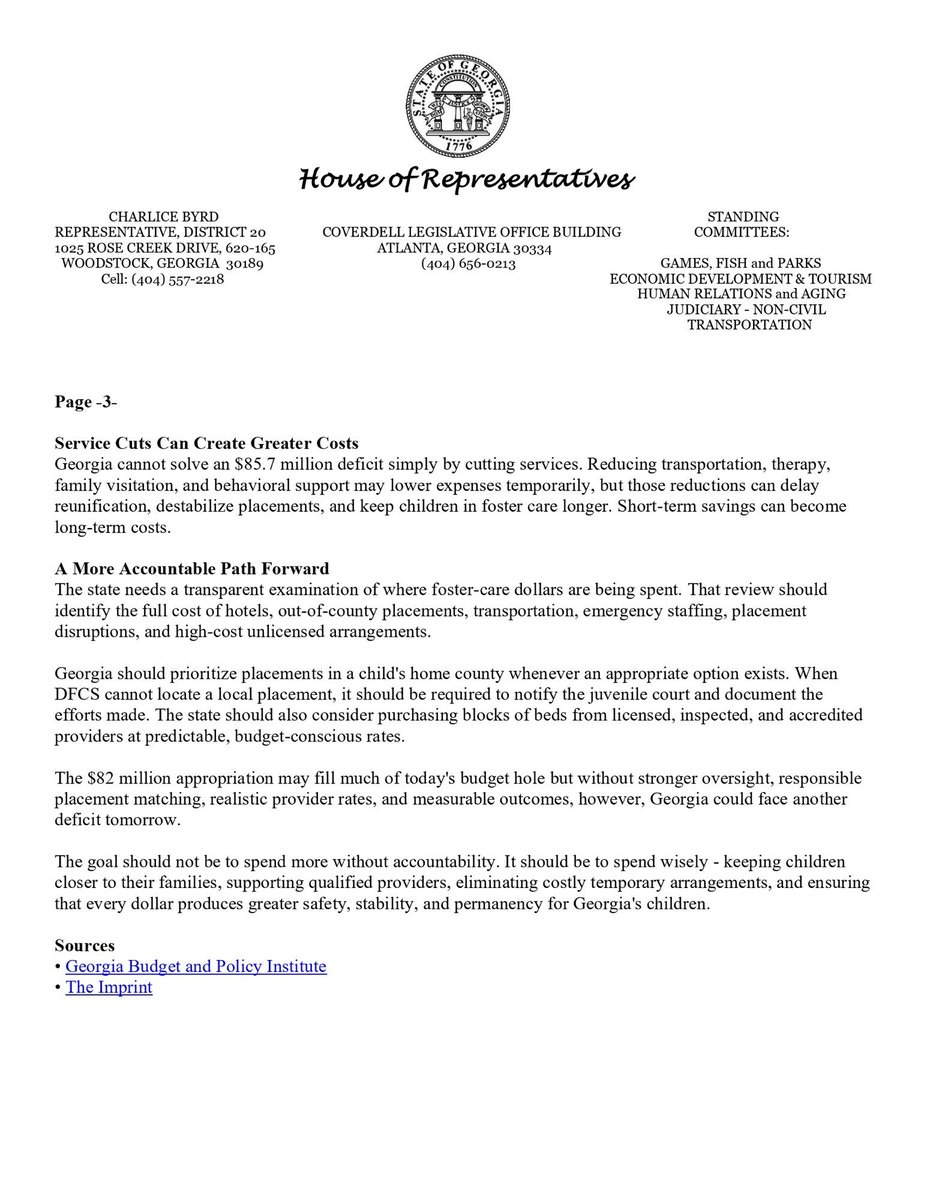 FreedomCaucusGA's tweet photo. 🚨 BREAKING: Rep. Charlice Byrd Calls for Transparency and Accountability in Georgia’s Foster Care System

Georgia entered FY 2026 facing a projected $85.7 MILLION foster care deficit. Georgians deserve to know why.

Throwing another $82 million at the problem without addressing the underlying failures is not a long-term solution.

Rep. Charlice Byrd, Chairwoman of the Georgia Freedom Caucus, is calling for a transparent examination of where these dollars are going, including costly hotel placements, out-of-county care, transportation, emergency staffing, and placement disruptions.

Priority #1: The Needs of the Children

We must address these critical issues so that we can ensure Georgia’s foster children are given the care they deserve. It’s time to get it done.