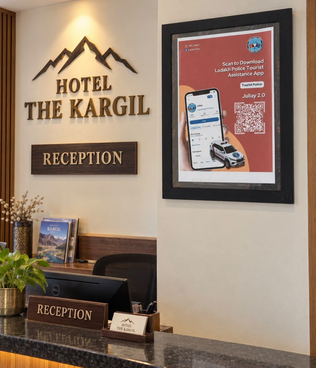 DGP_Ladakh's tweet photo. Kargil Police sensitised hoteliers & public on Ladakh Police "Jullay App 2.0", urging usage among tourists & residents. Pamphlets/posters distributed; Traffic Check Posts mobilised for wider outreach. #KargilPolice #JullayApp
@lg_ladakh @ashishkundra @anandjainips https://t.co/XI3WCwSSux